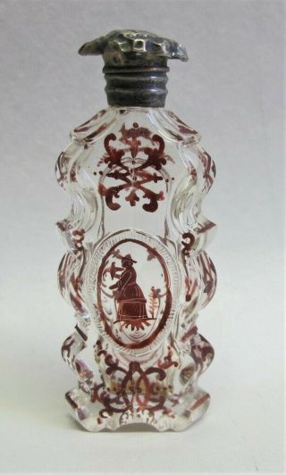 Antique Bohemian Ruby To Clear Cut Glass Perfume Bottle W/ Sterling Silver Lid