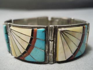 One Of Finest Vintage Zuni Inlaid Turquoise Coral Sterling Silver Link Bracelet