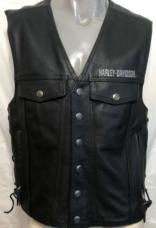 Harley Davidson Mens Leather Piston Ii Black Vest Size Large Bar Shield Snap Up
