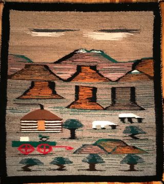 Pristine Navajo Pictorial Rug,  Iconic Sw Landscape,  Santa Fe Rr Symbols,  Museum Tag