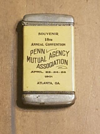 190 Penn Mutual Agency Assoc.  Celluloid Match Safe - Atlanta,  Ga - H.  C Bagley - Vesta