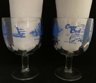 2 Rare Cape Cod Thumbprint Beer Glass Goblet Souvenir Massachusetts Blue Vintage