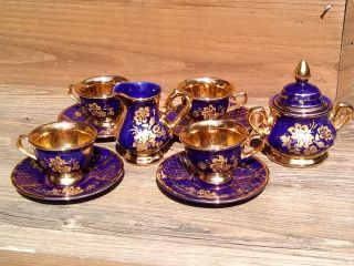 24k Gold And Cobalt Blue Antique Porcelain Creamer And Sugar Tea/coffee Set