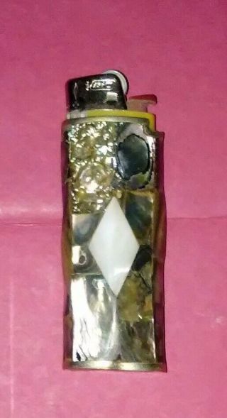 Vintage Mexico Abalone Shell Bic Lighter White Diamond Cover Case