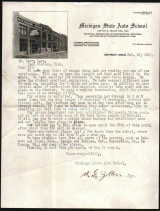 1911 Michigan State Auto School - Detroit Michigan - Letter Head Rare History