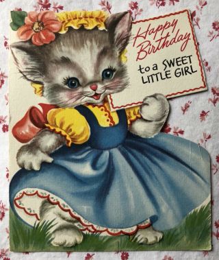 Vintage 1950s Die - Cut Birthday Card Cute Kitten Cat In Blue & Yellow Dress