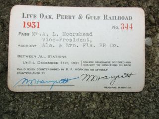 1931 Live Oak Perry & Gulf Employee Railroad Pass Rr 8