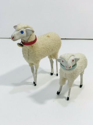 Two Putz Sheep With Antique Stick Leg Wooly Composition Germany German Toy