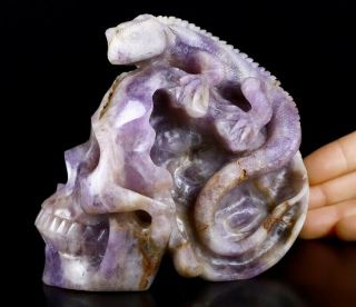 5.  0 " Dream Chevron Amethyst Carved Crystal Skull With Lizard Sculpture