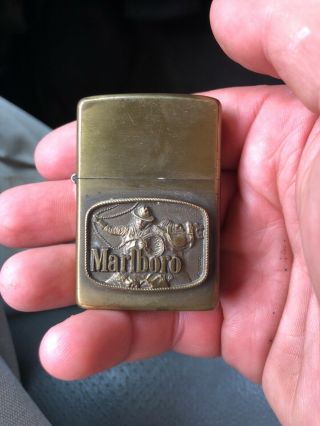Zippo 1976 Solid Brass Case Marlboro Lighter - Cowboy With Lasso - Scarce Issue