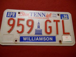 1796 - 1996 Tennessee Bicentennial License Plate: 959 - Gtl: Williamson County