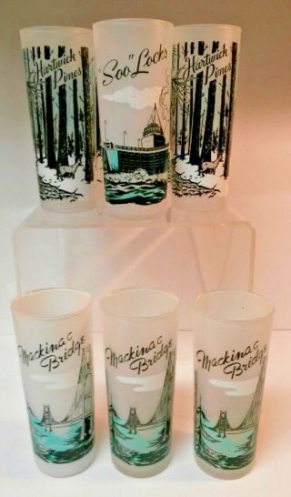 7 Vintage Michigan Souvenir Glasses.  Mackinac Bridge.  Hartwick Pines.  Soo Locks