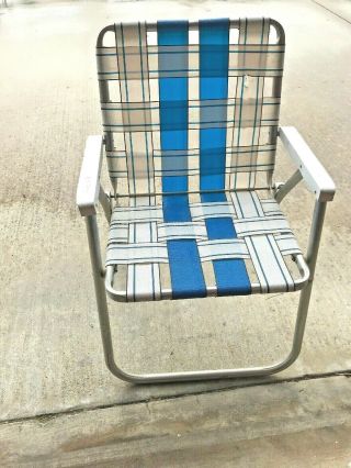 Vintage Aluminum & Webbing Mesh Folding Lawn Chair Outdoor Blue White Sunbeam