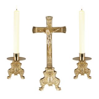 Brass Altar Set 2 Candlesticks And 10 " Standing Crucifix