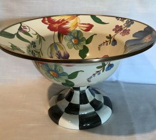 Mackenzie Childs White Flower Market Courtly Check Large Compote