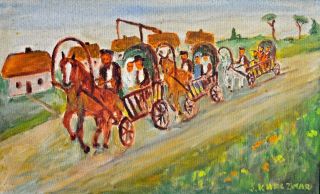 Jewish Oil Painting " Carts " Shimon Karczmar Polish Survivor Israeli
