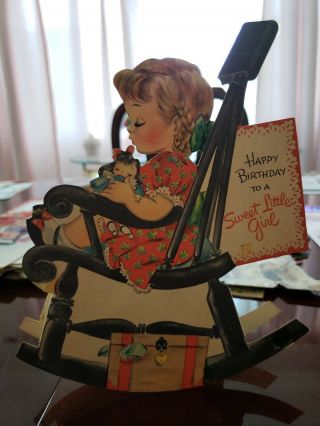 Vintage Birthday Greeting Card Rock - N - Play Mechanical Girl Doll Rocking Chair
