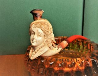 Victorian Lady Meerschaum Pipe Hand Carved Beauty With Plumed Hat Bakelite Stem