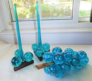 3 Pc Mid Century Lucite Acrylic Turquoise Grape Cluster & Candlestick Holders