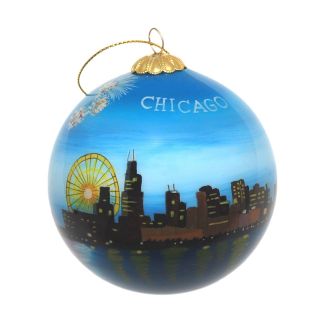 Hand Painted Glass Christmas Ornament - Chicago,  Illinois Skyline With Firewo.