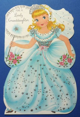 Vtg Birthday Card - Lovely Fairy Princess,  Girl,  Magic Wand,  Blue Dress,  Glitter 1960s