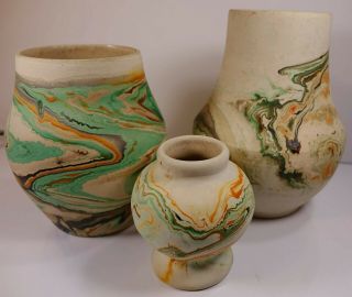 3 Vintage Nemadji Vases Art Pottery Desert Sands Landscape Green Orange Rare