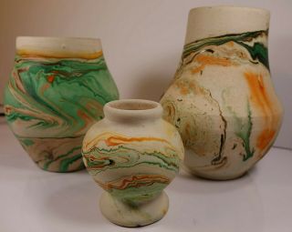 3 Vintage Nemadji Vases Art Pottery Desert Sands Landscape Green Orange Rare 2