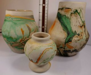 3 Vintage Nemadji Vases Art Pottery Desert Sands Landscape Green Orange Rare 3