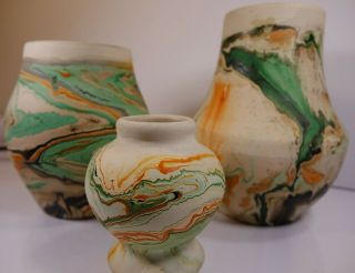 3 Vintage Nemadji Vases Art Pottery Desert Sands Landscape Green Orange Rare 5