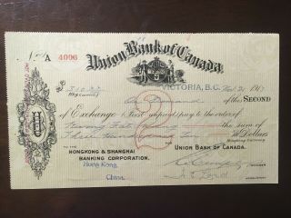 Union Bank Of Canada Check 1917 - - - Hong Kong Shanghai Banking Corp.
