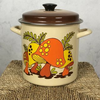 Vintage 70s Orange Merry Mushroom Fryer Steamer Enamel Pot Cookware Group