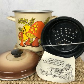 Vintage 70s Orange Merry Mushroom Fryer Steamer Enamel Pot Cookware Group 3