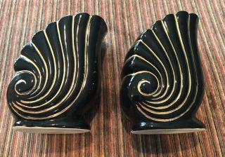 Lovely 2 - Retro Black N Gold Seashell vase planters,  Mid Century Art Deco Style 4