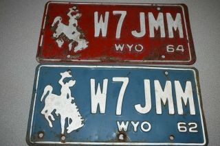 1962,  1964 Personalized Wyoming License Plates Blue & Red W7 Jmm