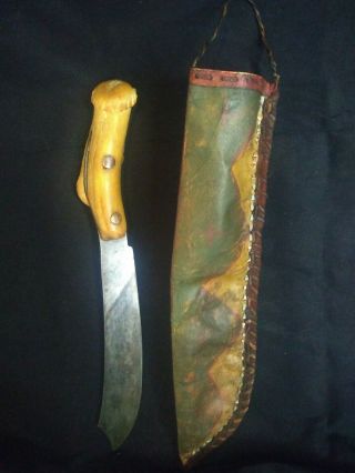 1800 ' s Native American Indian Stag Fighting Knife & Parfleche Rawhide Sheath 10