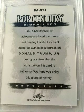 Donald Trump JR - PSA 10 Gem - 2012 Leaf Pop Century Autograph - BA - DTJ 2