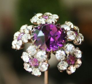 Antique Hatpin Large Domed Flower Amethyst Clear Rhinestones 11 1/2 " Top 1 1/2 "