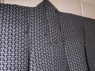 Japanese Vintage Long Kimono Small Sensu Fan Pattern Black Cool