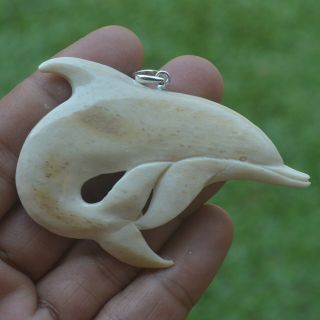 Dolphin Carving 46x70mm Pendant P3362 W Silver In Buffalo Bone Carved