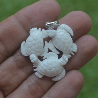 Triple Turtle Carving 36x36mm Pendant P3700 W Silver In Buffalo Bone Carved