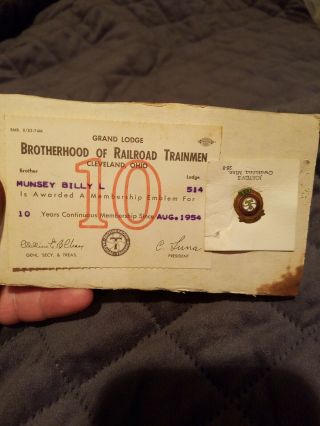 Vintage 1954 Brotherhood Of Railroad Trainmen 10 Year Service Pin And Award