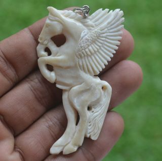 Pegasus Carving 65x39mm Pendant P2132 W/ Silver In Buffalo Bone Carved