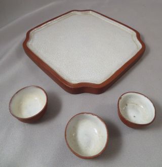 Signed Chinese Crackle Glazed Yixing Zisha Clay Buccaro Tea Set Pot Cups Tray NR 2