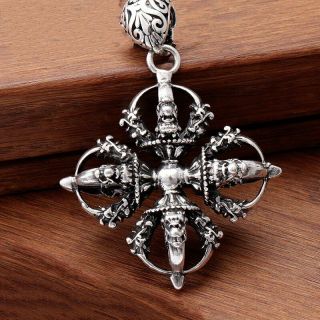 29g 990 Fine Silver Pendant Men Cross Vajra Dorje Man Amulet Unisex Lucky Gift
