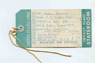 United States Lines Tourist Class Stateroom Baggage Tag SS United States 1952 2