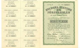 J Large Format B16 Financial Document 1940 - 1945 Sweden /100 Kr/ E