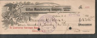 1904 Check Converse Savings Bank Sc/clifton Manufacturing Cotton Mills