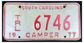 South Carolina 1977 Camper Trailer License Plate 6746