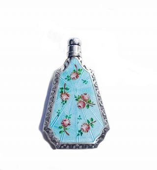 Tiny Art Deco Sterling,  Hand - Painted,  Guilloche Enameled Perfume Bottle
