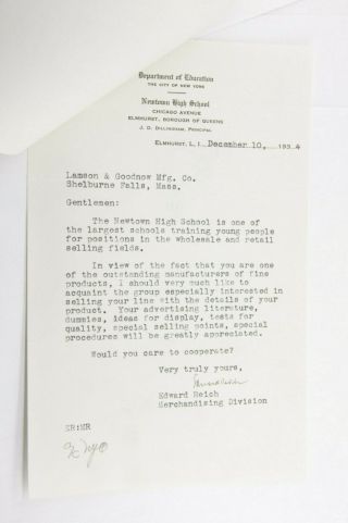 1934 Lamson Goodnow Newtown High School Elmhurst Li Ny Letter Ephemera P849c